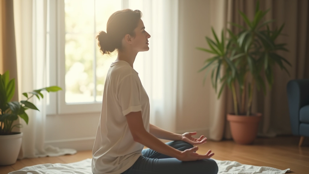 Pessoa praticando meditação matinal em um espaço luminoso, sentada confortavelmente perto de uma janela, ambiente tranquilo e acolhedor