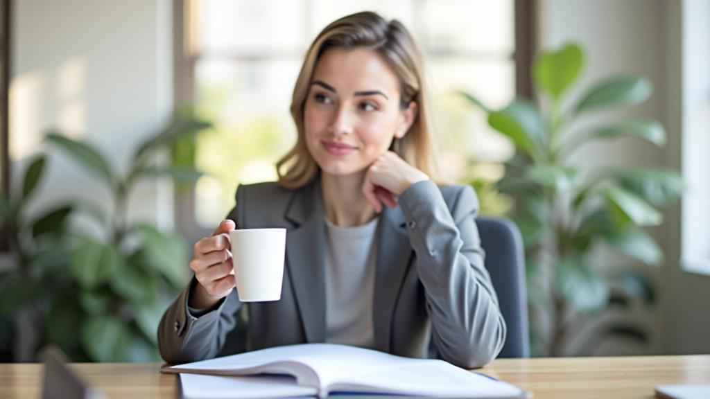 Pessoa em escritório relaxada durante pausa, tomando café, luz natural pela janela, ambiente tranquilo e acolhedor