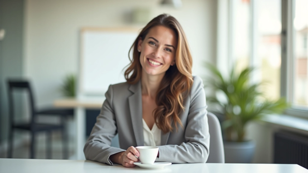 Mulher em um espaço de trabalho moderno durante intervalo, relaxada com xícara de chá, luz natural, ambiente sereno